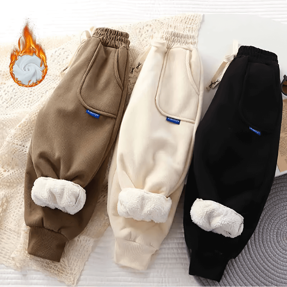 Kids Warm Fleece Pants with Elastic Waist - SF3740, showing beige, black, and brown options, perfect for winter comfort and style.