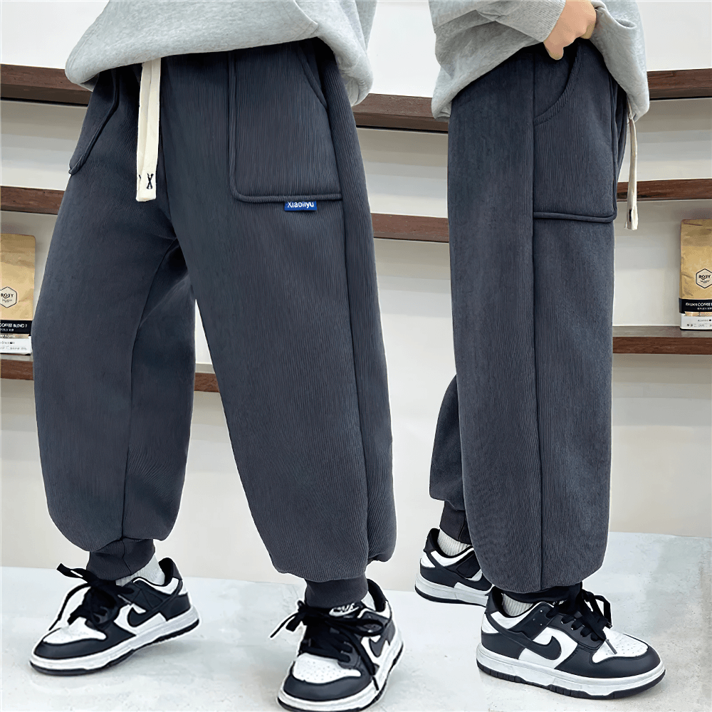Kids Warm Fleece Pants with Elastic Waist - SF3740 in dark color, perfect for winter comfort and style, featuring velvet lining.
