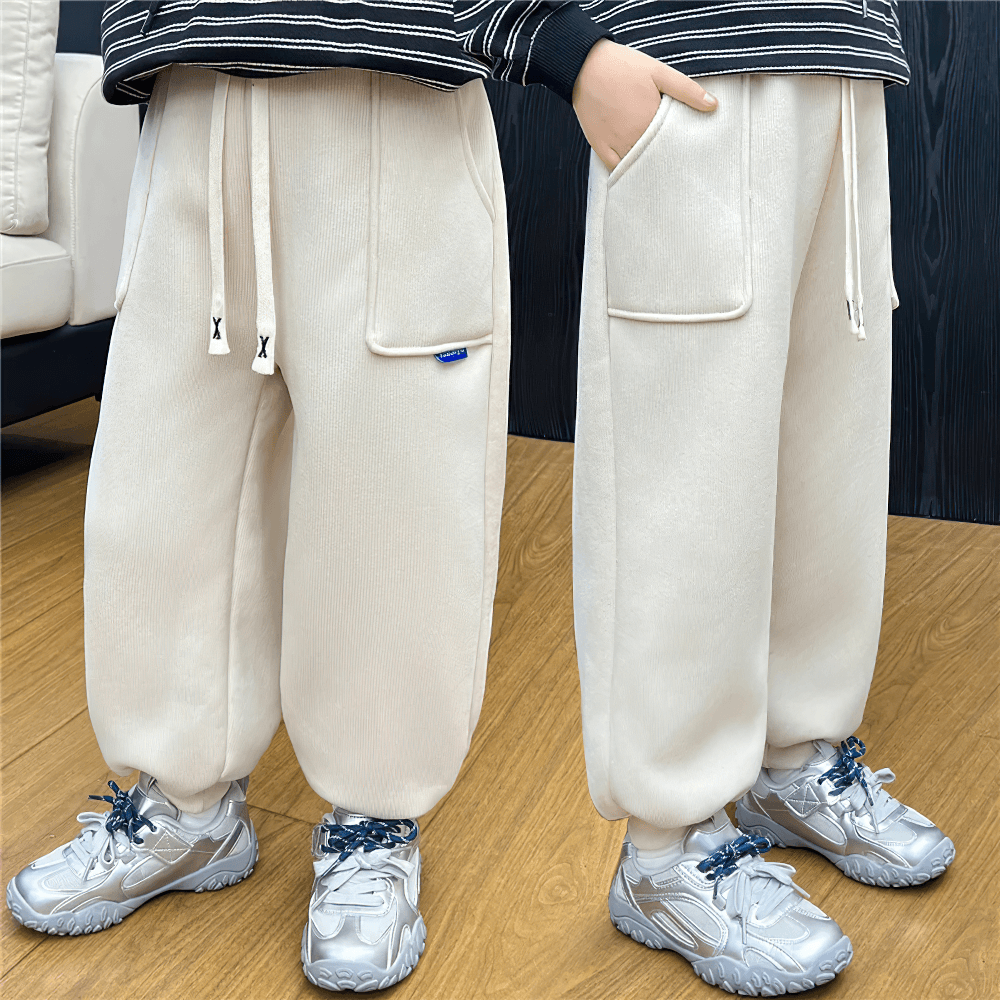 Kids Warm Fleece Pants with Elastic Waist - SF3740, featuring cozy velvet lining, ankle-length design, and sporty casual look for winter comfort.