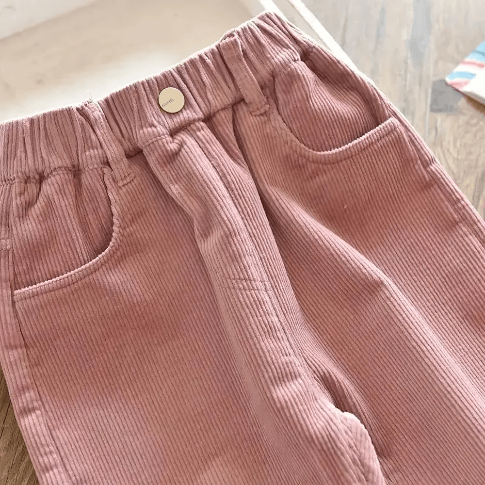 Kids Warm Pants with Elastic Waist and Fleece Lined - SF3803, pink corduroy, showcasing elastic waist and handy pockets, ideal for winter.