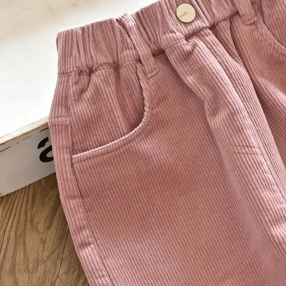 Kids Warm Pants with Elastic Waist and Fleece Lined - SF3803 in pink corduroy with handy pockets, perfect for boys and girls' winter style.