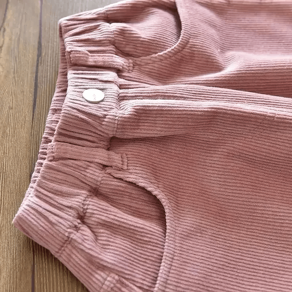Close-up of Kids Warm Pants with Elastic Waist and Fleece Lined - SF3803, featuring soft pink corduroy texture and elastic waistband.