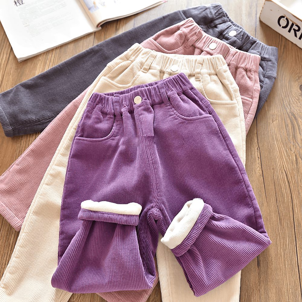Kids Warm Pants with Elastic Waist and Fleece Lined - SF3803 in multiple colors displayed on a wooden surface.
