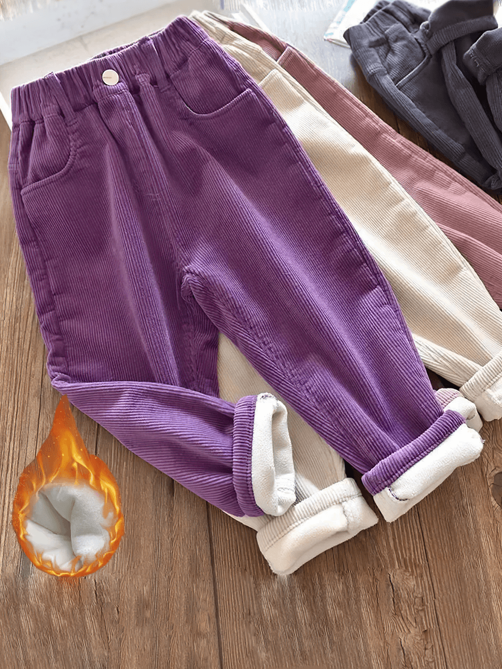 Kids Warm Pants with Elastic Waist and Fleece Lined - SF3803 in vibrant colors displayed on wooden floor