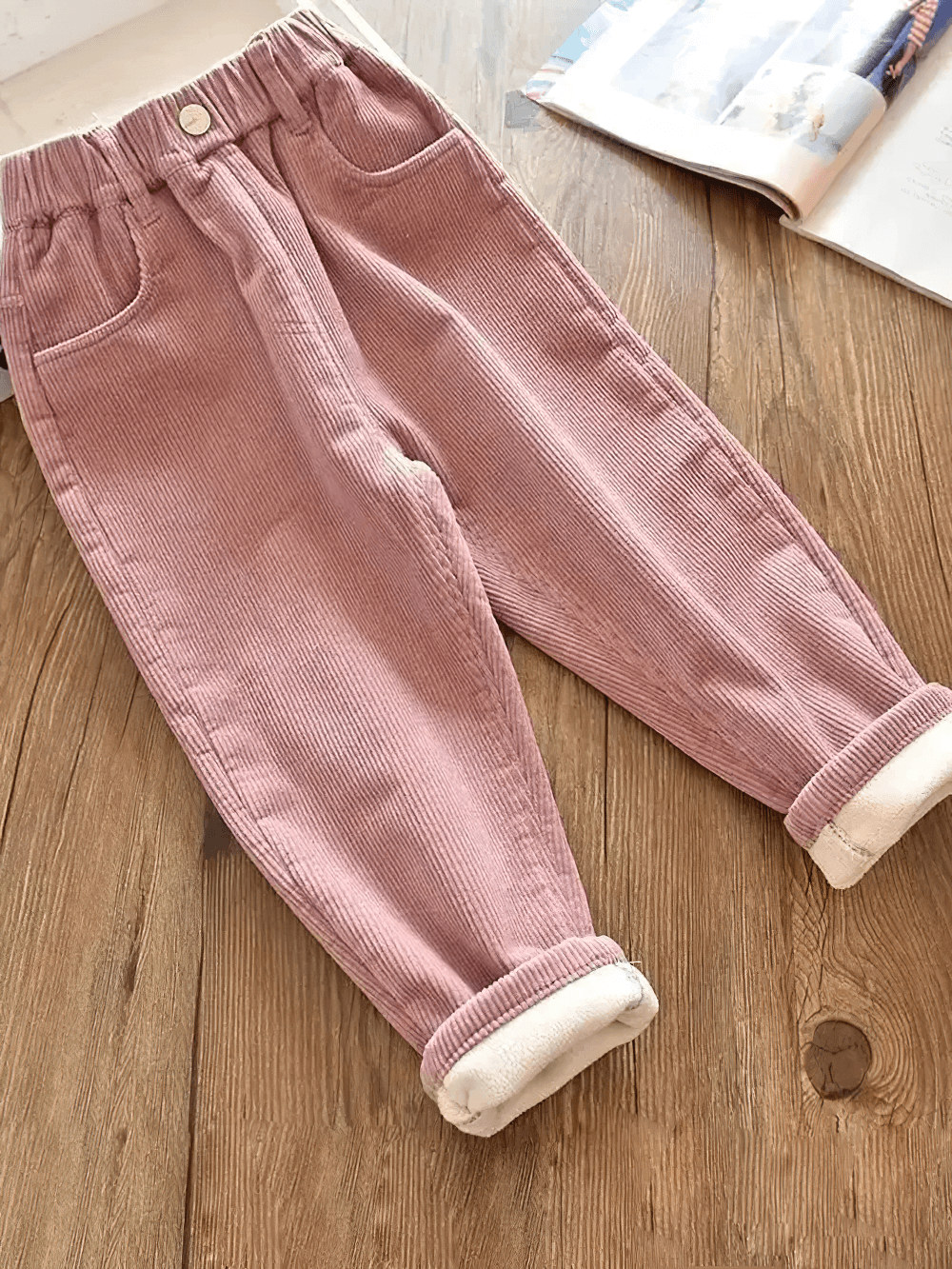 Kids Warm Pants with Elastic Waist and Fleece Lined - SF3803; pink fleece-lined corduroy trousers with elastic waist on wooden floor.