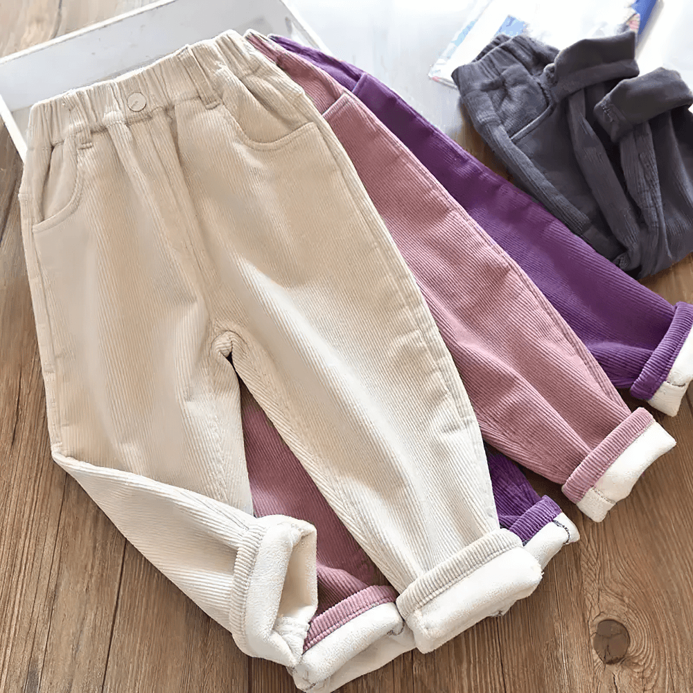 Kids Warm Pants with Elastic Waist and Fleece Lined - SF3803 in various colors displayed on a wooden surface.