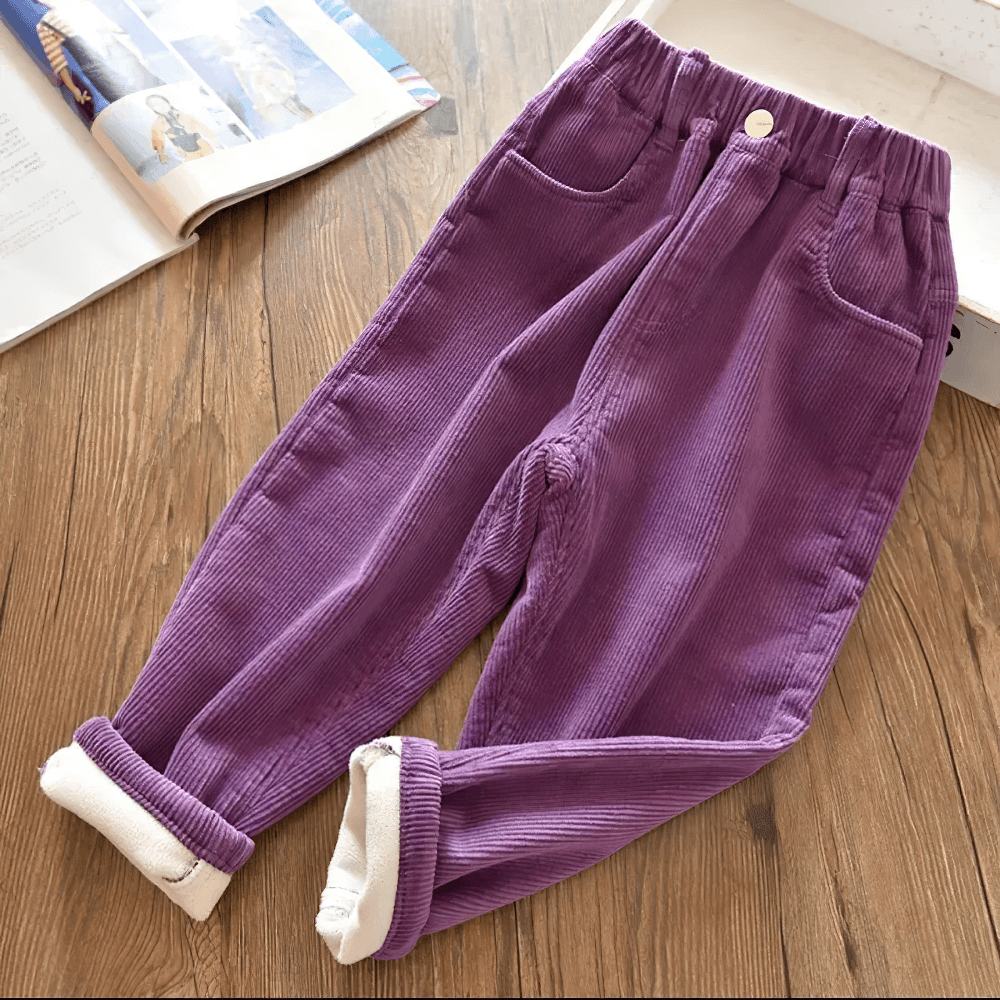 Kids Warm Pants with Elastic Waist and Fleece Lined - SF3803, fleece-lined purple corduroy trousers with elastic waist and pockets.