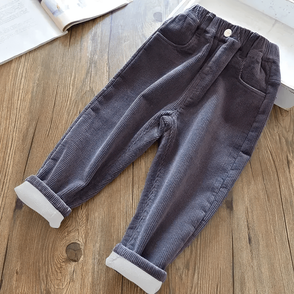 Kids Warm Pants with Elastic Waist and Fleece Lined - SF3803, cozy corduroy trousers for boys and girls, soft fleece inside view.