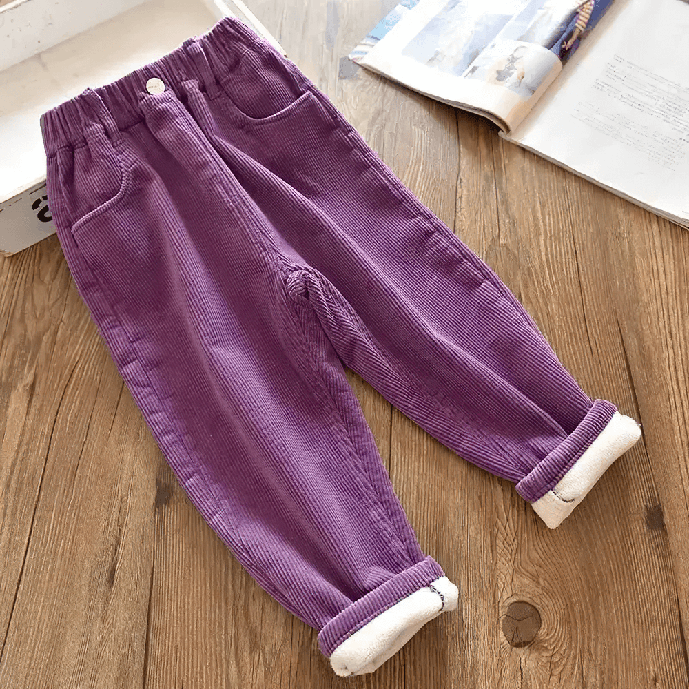 Kids Warm Pants with Elastic Waist and Fleece Lined - SF3803, purple corduroy trousers with cozy pockets and rolled cuffs, on wooden floor