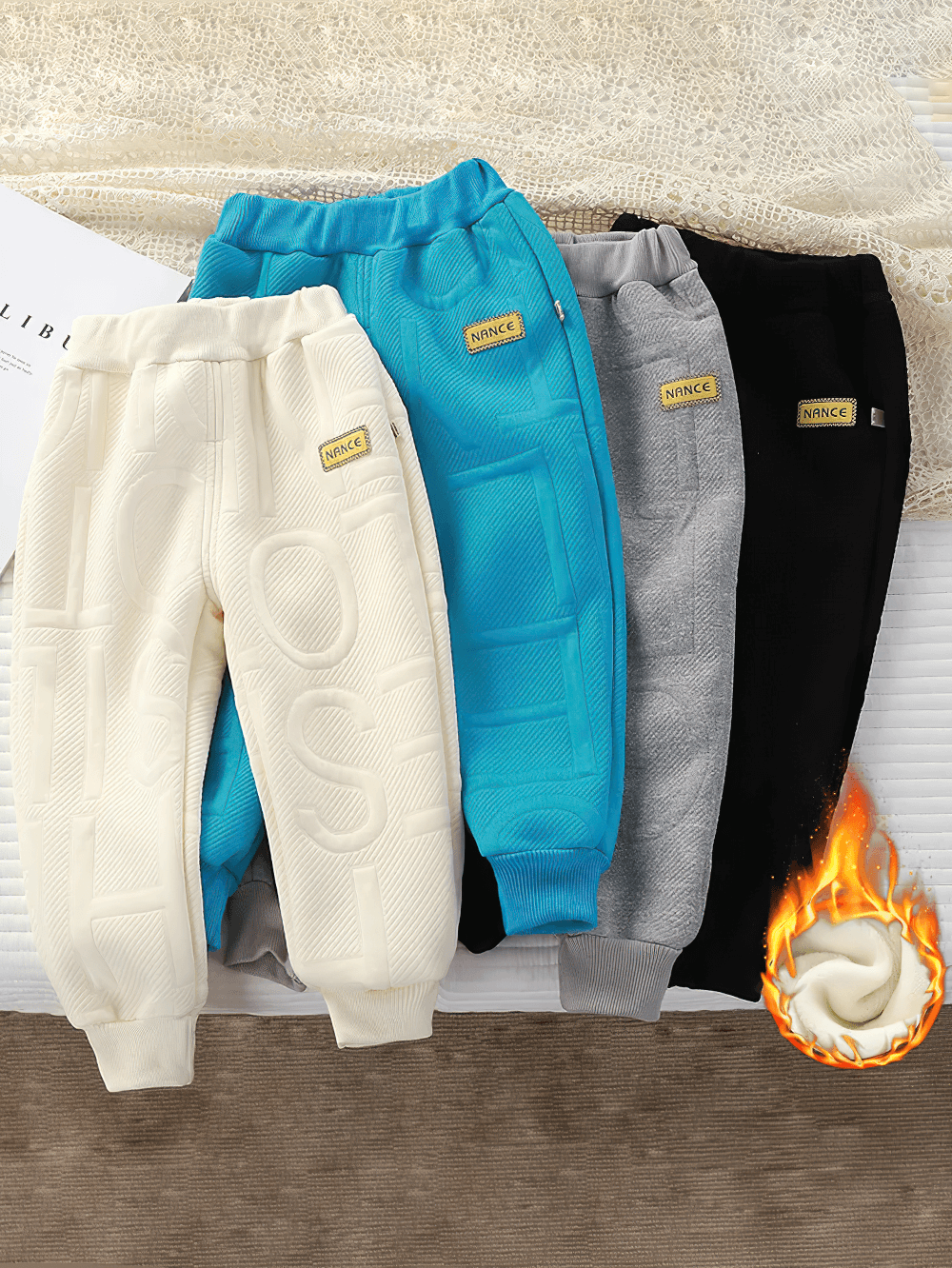 Kids Warm Sport Jogger Pants with Elastic Waist - SF3884 in four colors: cream, blue, grey, and black. Perfect for cooler weather.