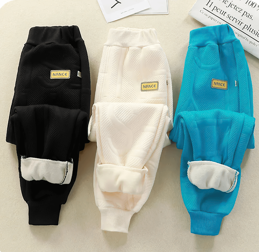 Kids Warm Sport Jogger Pants with Elastic Waist - SF3884 in black, white, and blue with fleece lining and ribbed cuffs.