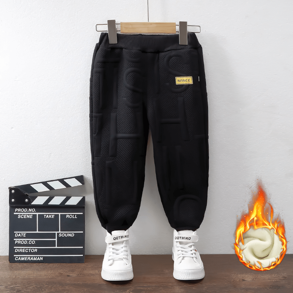 Kids Warm Sport Jogger Pants with Elastic Waist - SF3884, fleece lined black jogger pants displayed on hanger ideal for colder weather.