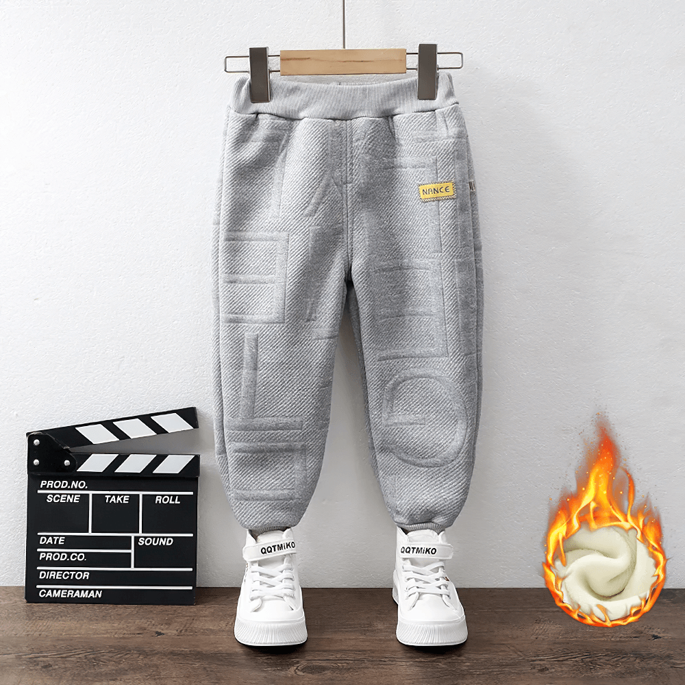 Kids Warm Sport Jogger Pants with Elastic Waist - SF3884 in gray displayed with shoes and creative fleece illustration.