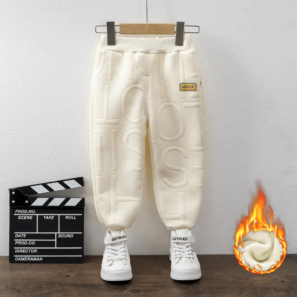 Kids Warm Sport Jogger Pants with Elastic Waist - SF3884 displayed on hanger with sneakers and fleece detail icon.