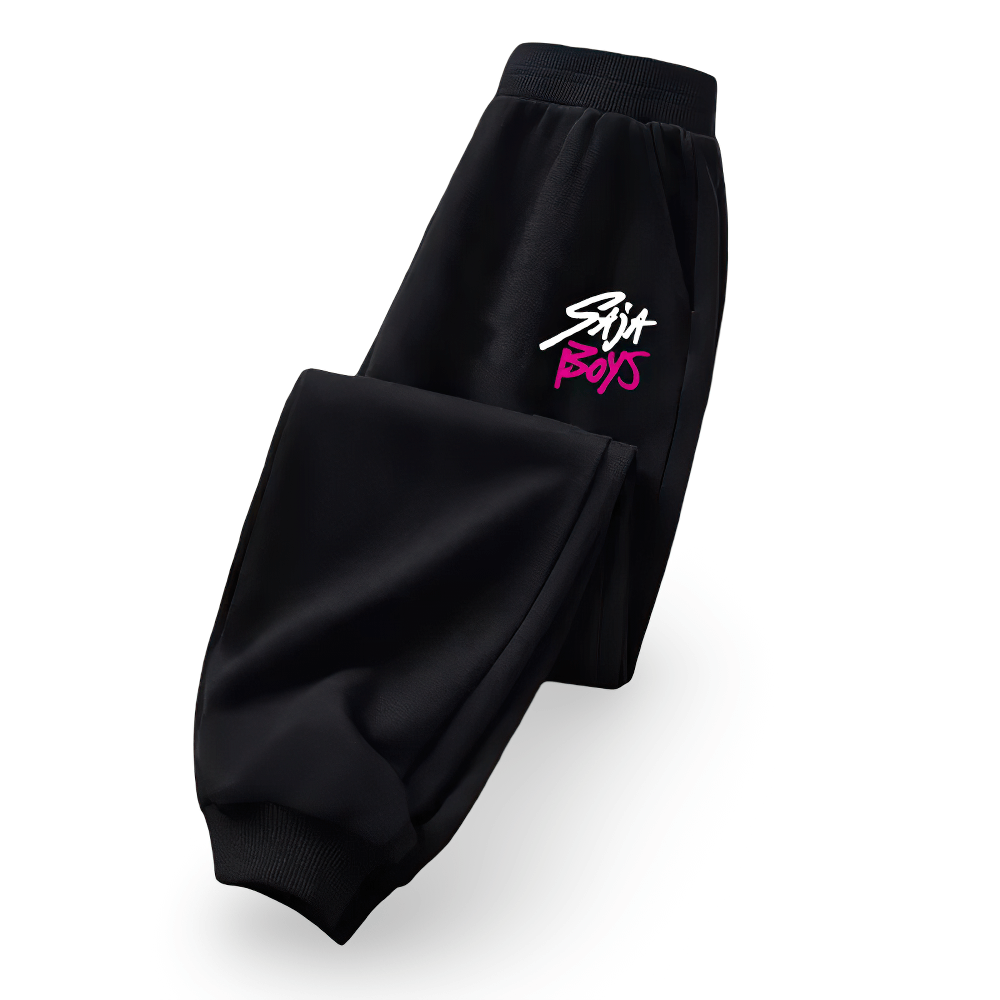 Kids Warm Sport Pants with Elastic Cuffs - SF3883, ankle joggers for boys and girls with sporty design in black with graphic text.
