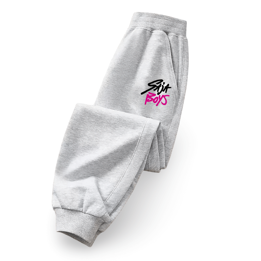 Kids Warm Sport Pants with Elastic Cuffs - SF3883, grey joggers for boys with graphic print, elastic waist and ribbed cuffs.