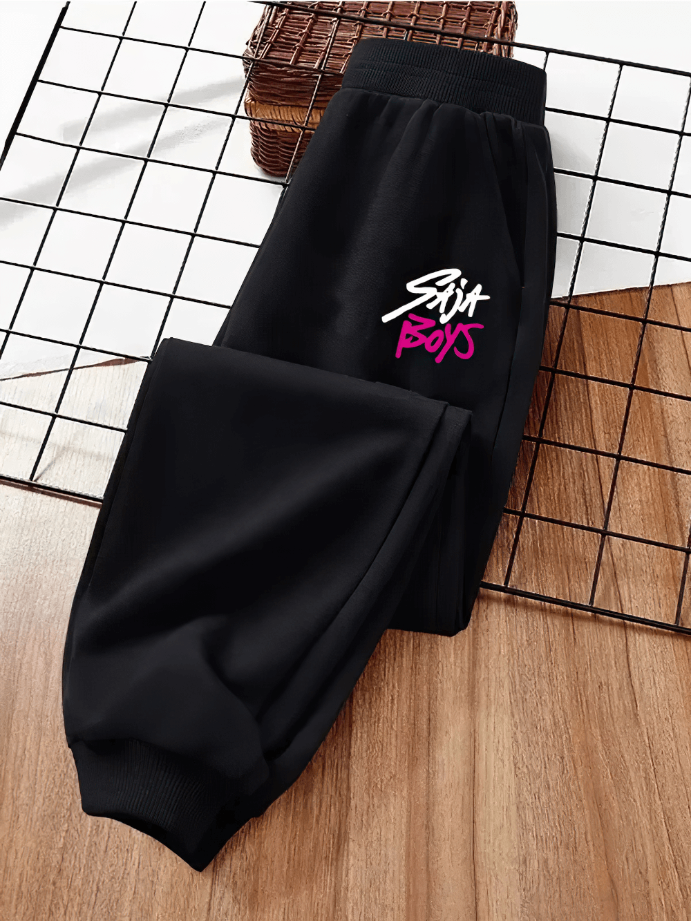 "Kids Warm Sport Pants with Elastic Cuffs - SF3883" in black color featuring elastic waistband and rib cuffs for comfort and style.