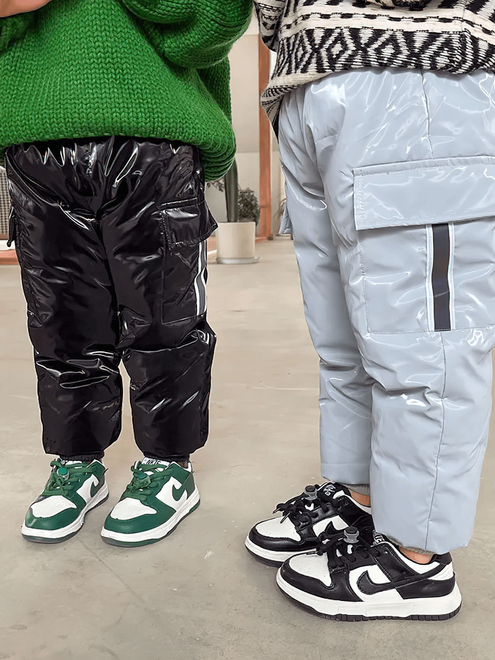 Kids Waterproof Cargo Pants with Down Insulation - SF3779 in black and blue with kids wearing sneakers