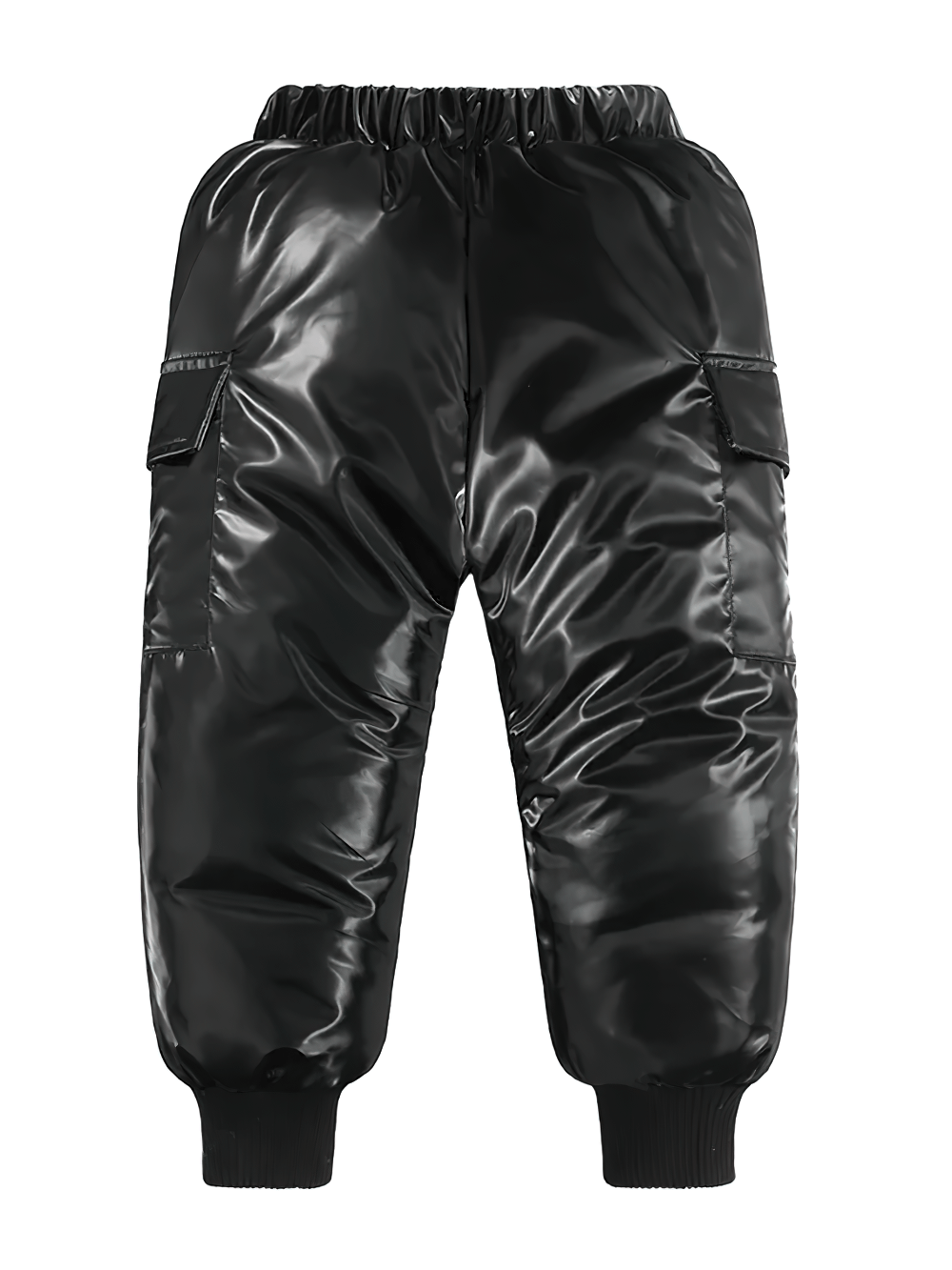 Kids Waterproof Cargo Pants with Down Insulation - SF3779 in shiny black for extreme cold weather and winter sports.