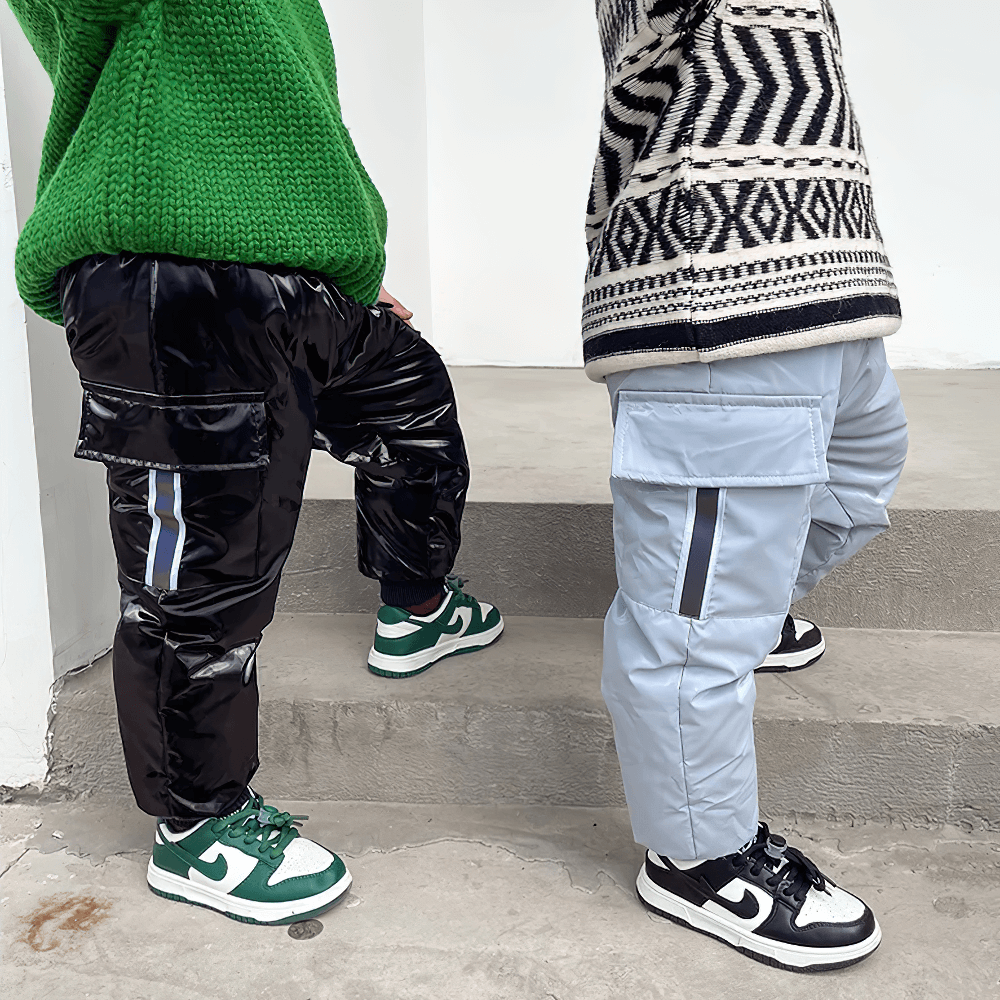 Kids Waterproof Cargo Pants with Down Insulation - SF3779 in black and grey on children, perfect for winter sports and extreme cold.