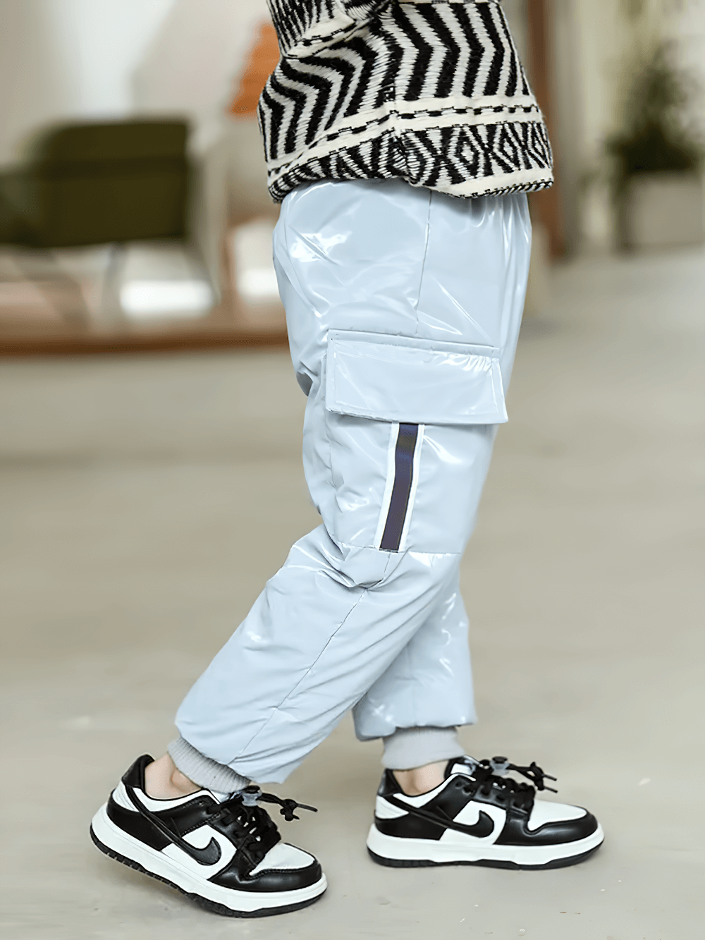 Kids Waterproof Cargo Pants with Down Insulation - SF3779, ideal for winter sports, showcasing comfort and style in shiny fabric.