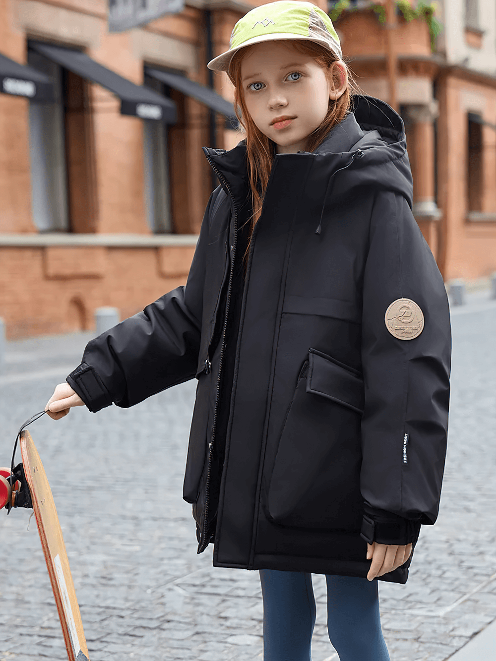 Child wearing Kids Waterproof Hooded Puffer Jacket with Pockets - SF3632, ready for winter adventure.
