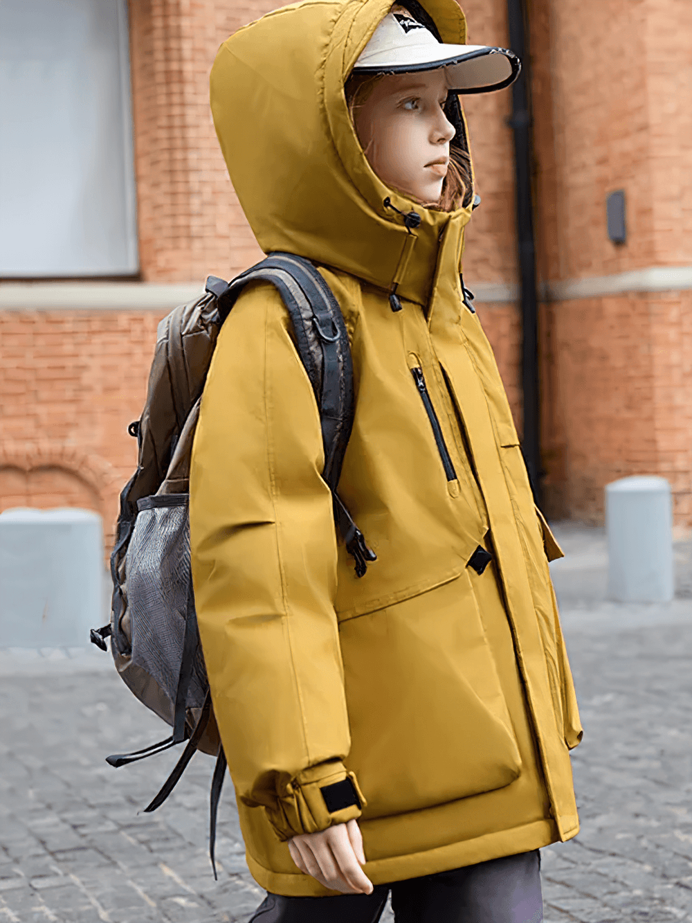 Child wearing Kids Waterproof Hooded Puffer Jacket with Pockets - SF3632, warm and stylish for winter, walking with a backpack.