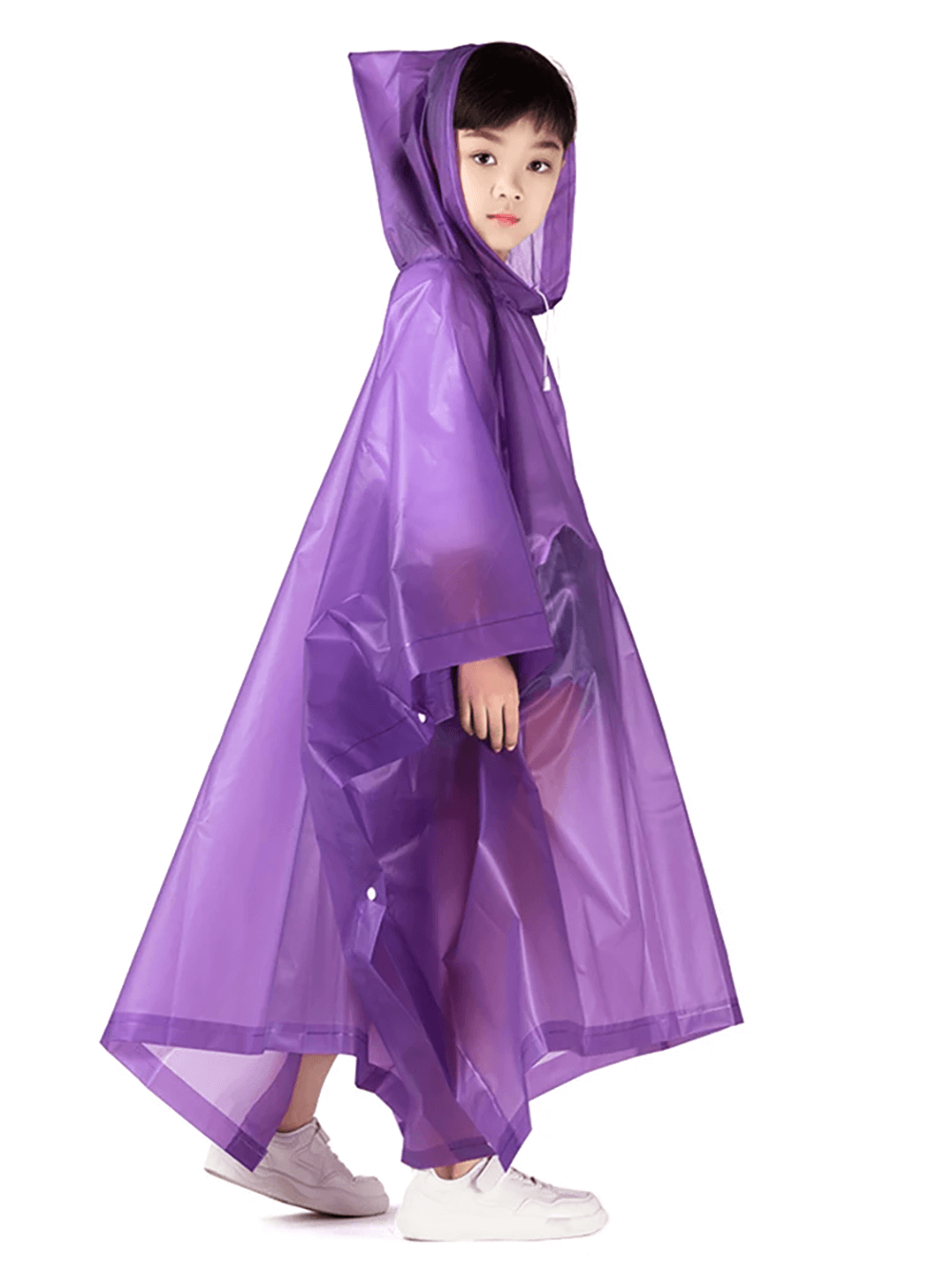 Child wearing Kids Waterproof Rain Poncho with Hood - SF3656 in purple, showcasing lightweight, foldable protection from rain.