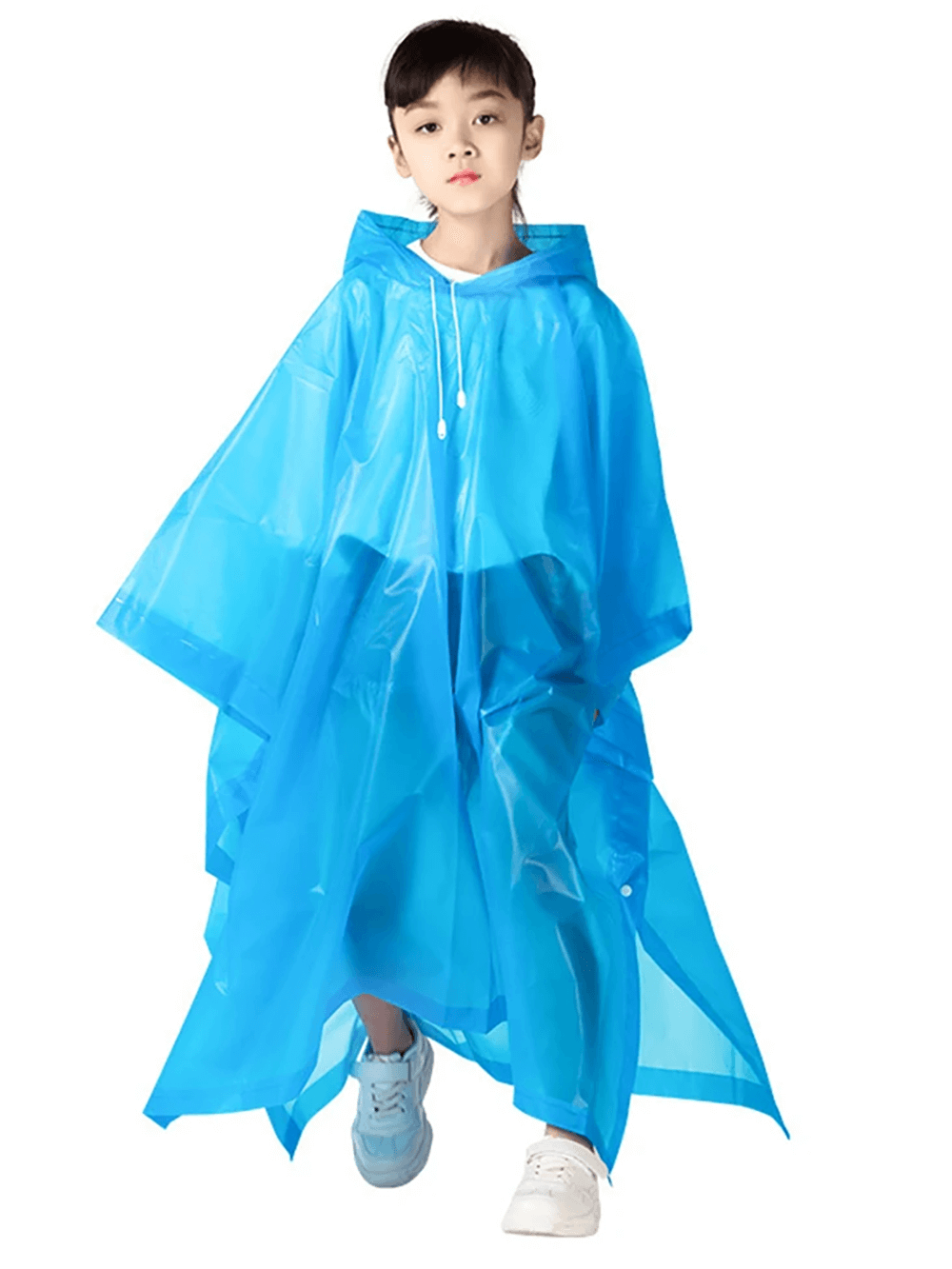 Child wearing a Kids Waterproof Rain Poncho with Hood - SF3656, in blue, designed for outdoor adventures and rainy days.