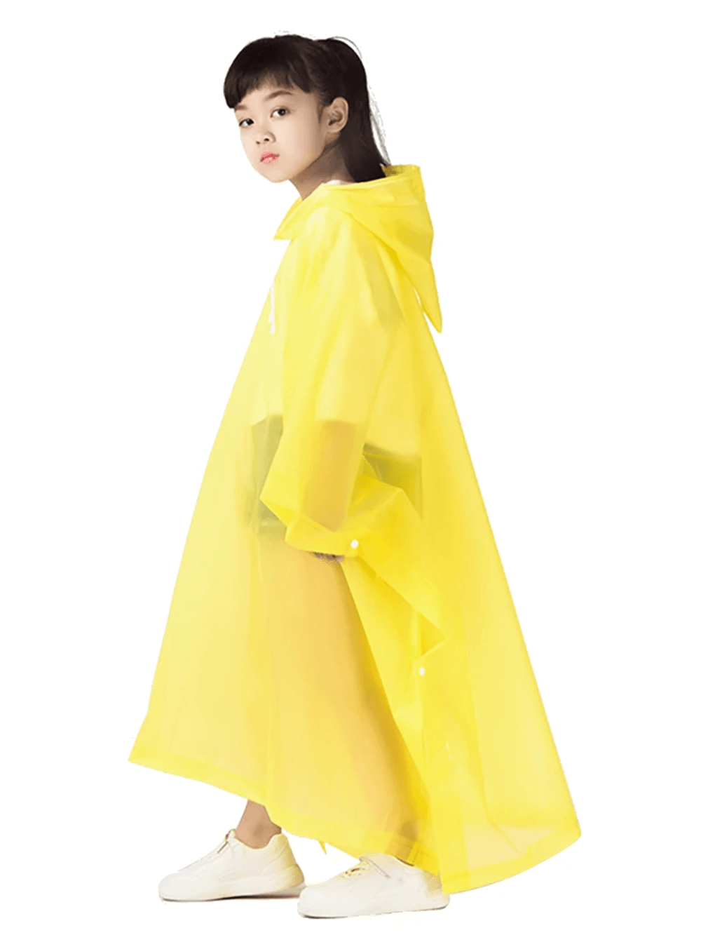 Child wearing Kids Waterproof Rain Poncho with Hood - SF3656, in bright yellow, perfect for outdoor adventures.