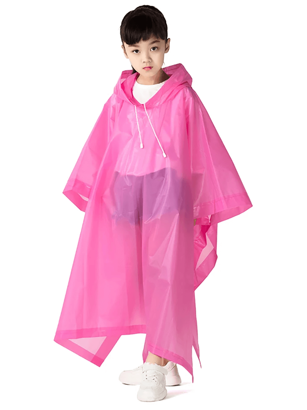 Child wearing pink Kids Waterproof Rain Poncho with Hood - SF3656, showcasing lightweight EVA material and stylish design.