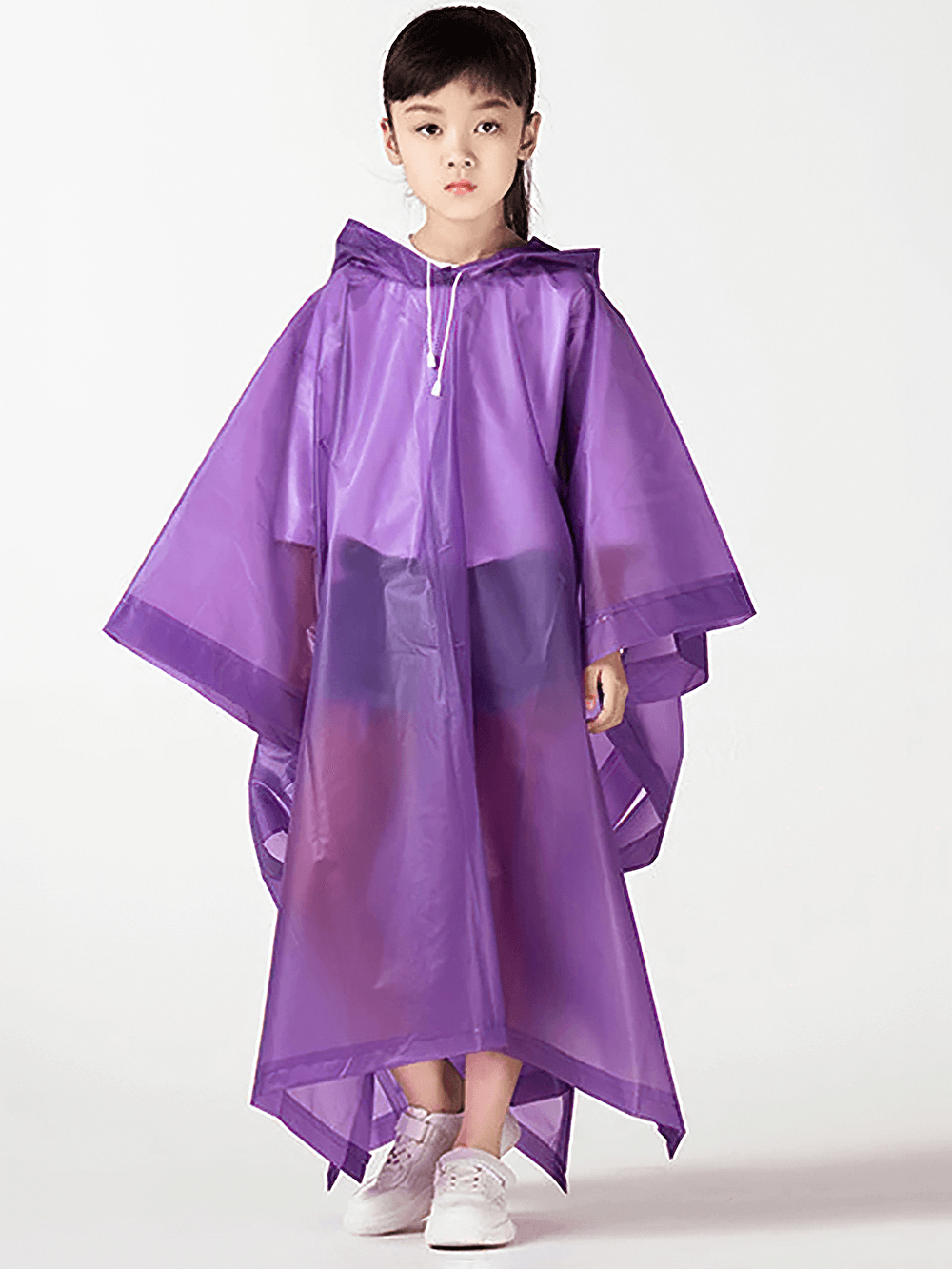 Kid in purple Kids Waterproof Rain Poncho with Hood - SF3656, showing lightweight, foldable, and durable design perfect for rainy days.