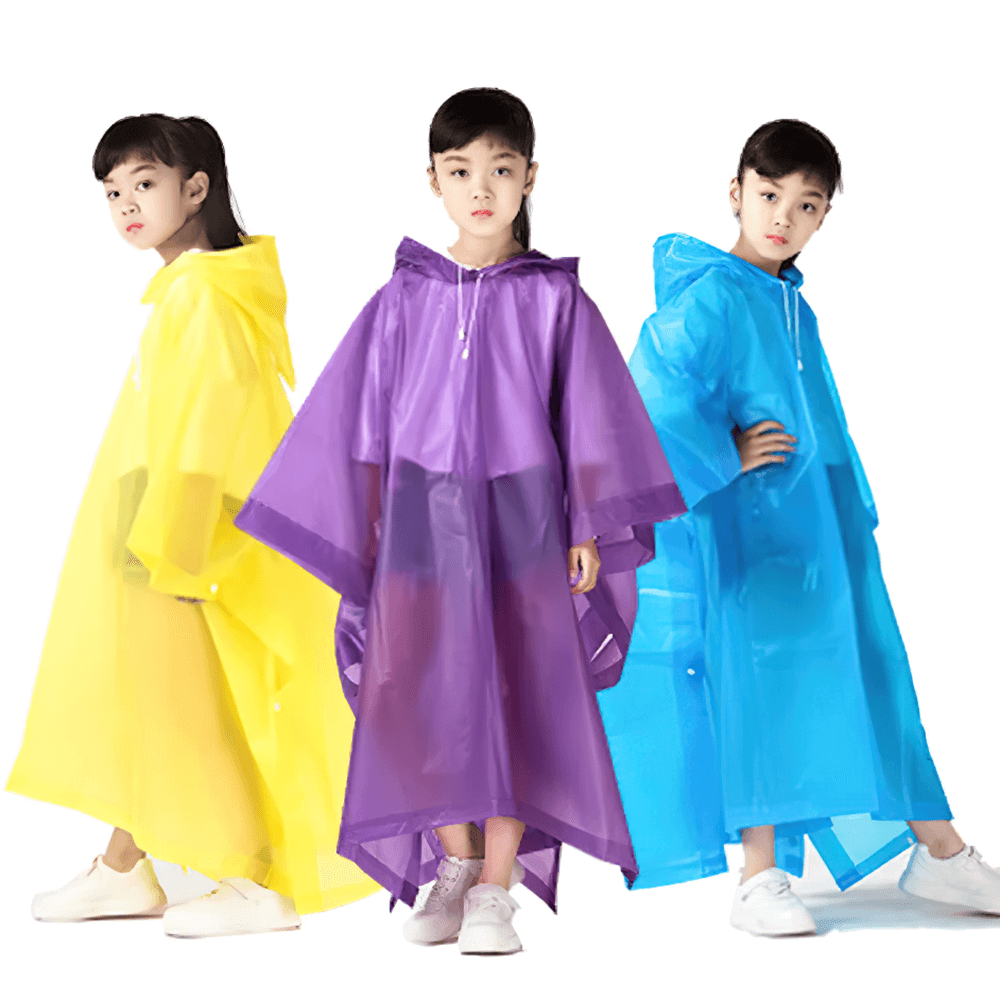 Three children wearing Kids Waterproof Rain Poncho with Hood - SF3656 in yellow, purple, and blue colors, perfect for staying dry.
