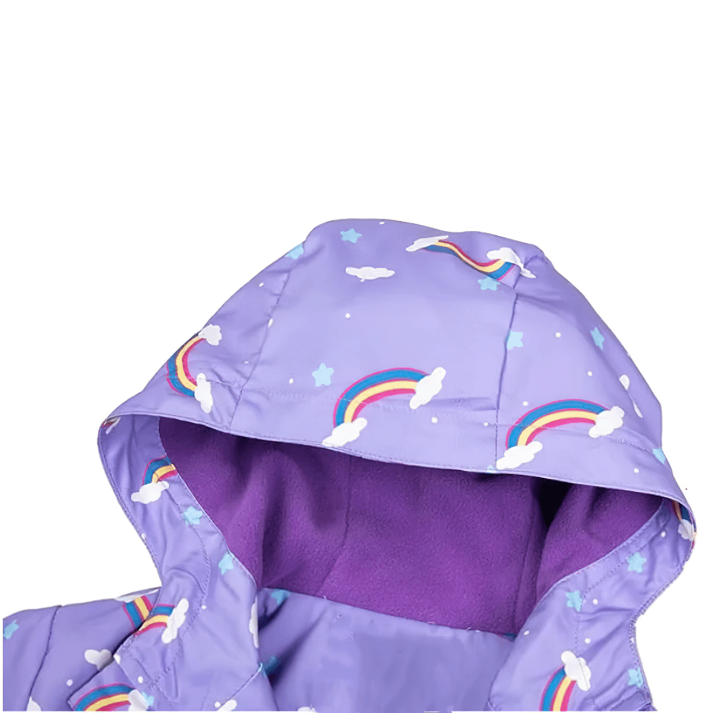 Kids Waterproof Rainbow Jacket with Hood - SF3830 featuring a purple fleece lining and playful rainbow design ideal for outdoor adventures.