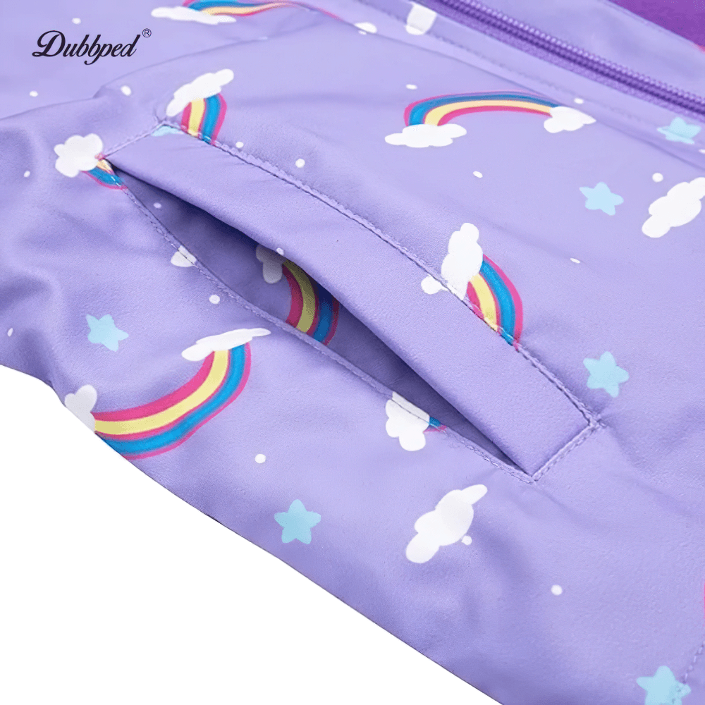 Close-up of pocket on Kids Waterproof Rainbow Jacket with Hood - SF3830, featuring colorful rainbow and cloud pattern, perfect for rainy days.