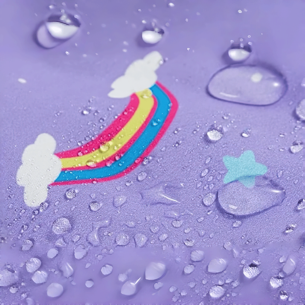Close-up of Kids Waterproof Rainbow Jacket with Hood - SF3830 showing colorful rainbow design and water droplets.