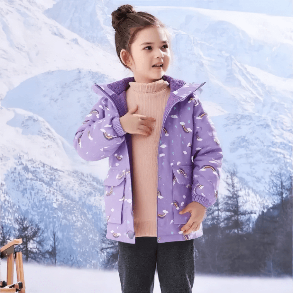 Girl wearing Kids Waterproof Rainbow Jacket with Hood - SF3830 in the snowy outdoors, purple with playful design, staying warm and dry.