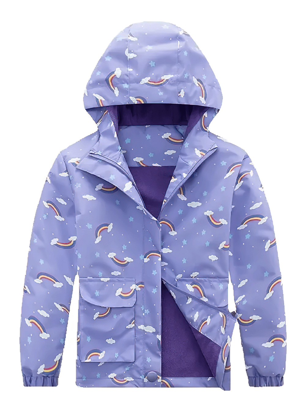 Kids Waterproof Rainbow Jacket with Hood - SF3830, purple design with polar fleece lining, ideal for rainy adventures.