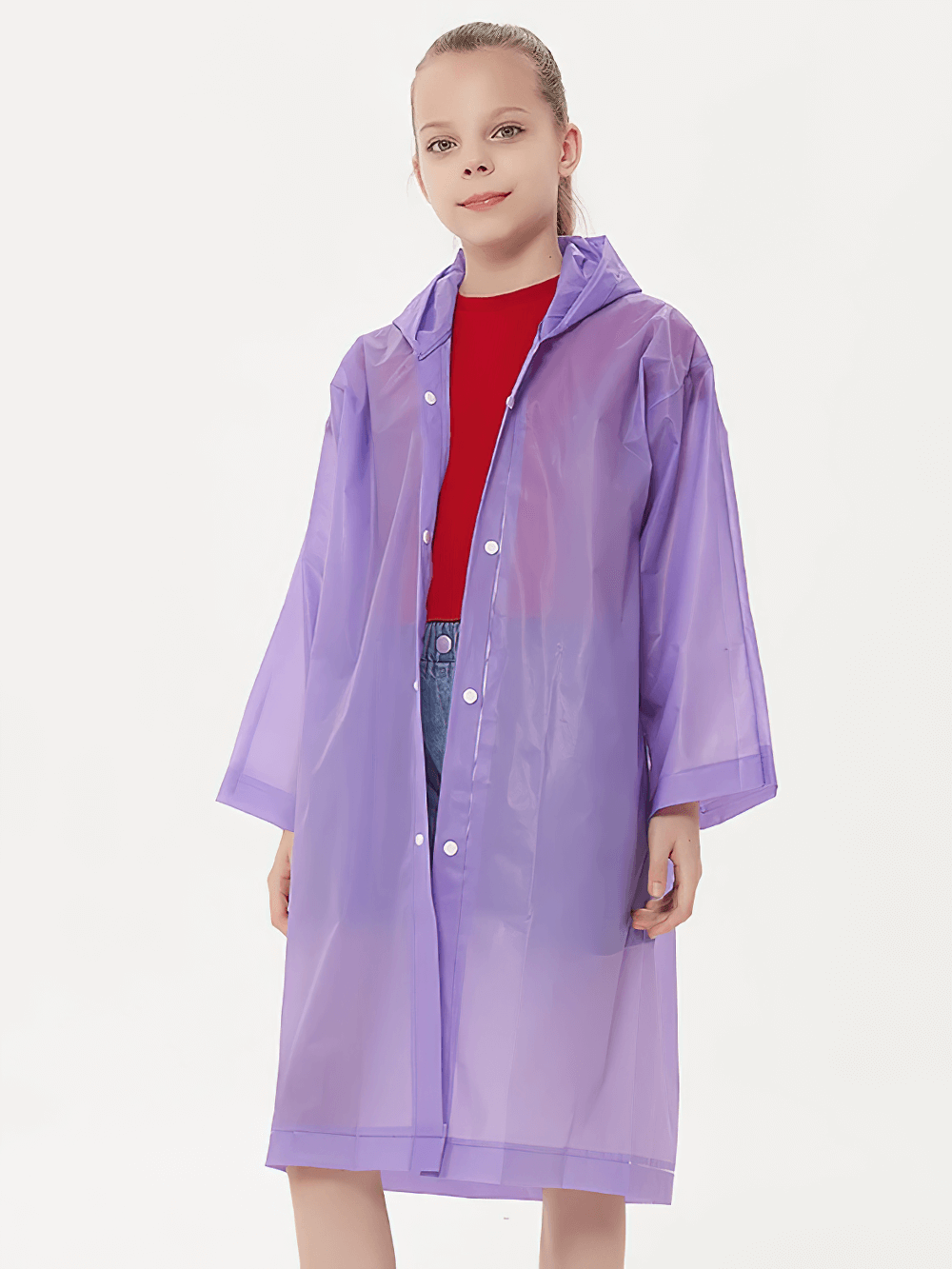 Child wearing the Kids Waterproof Travel Rain Poncho With Hood - SF3646, showcasing lightweight and durable design in purple.