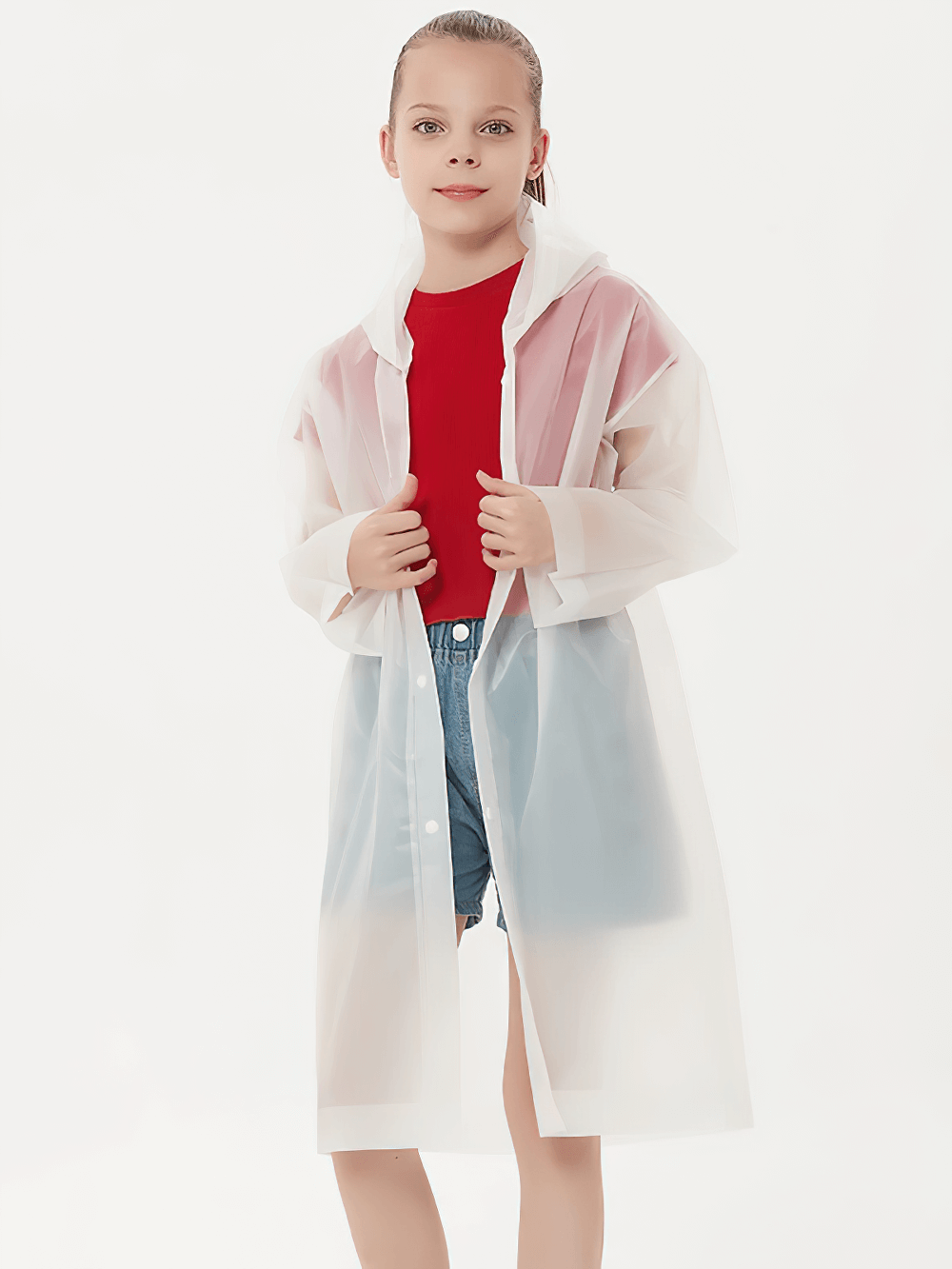 Child wearing Kids Waterproof Travel Rain Poncho With Hood - SF3646, showing lightweight design and snap-button closure for rainy days.