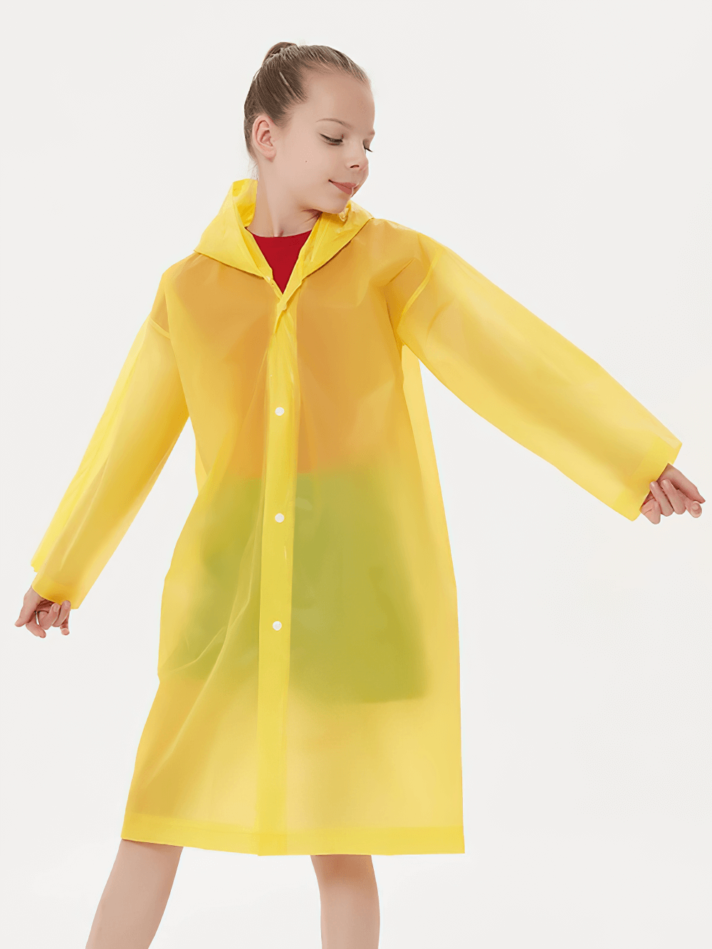 Child wearing yellow Kids Waterproof Travel Rain Poncho With Hood - SF3646 dancing in raincoat
