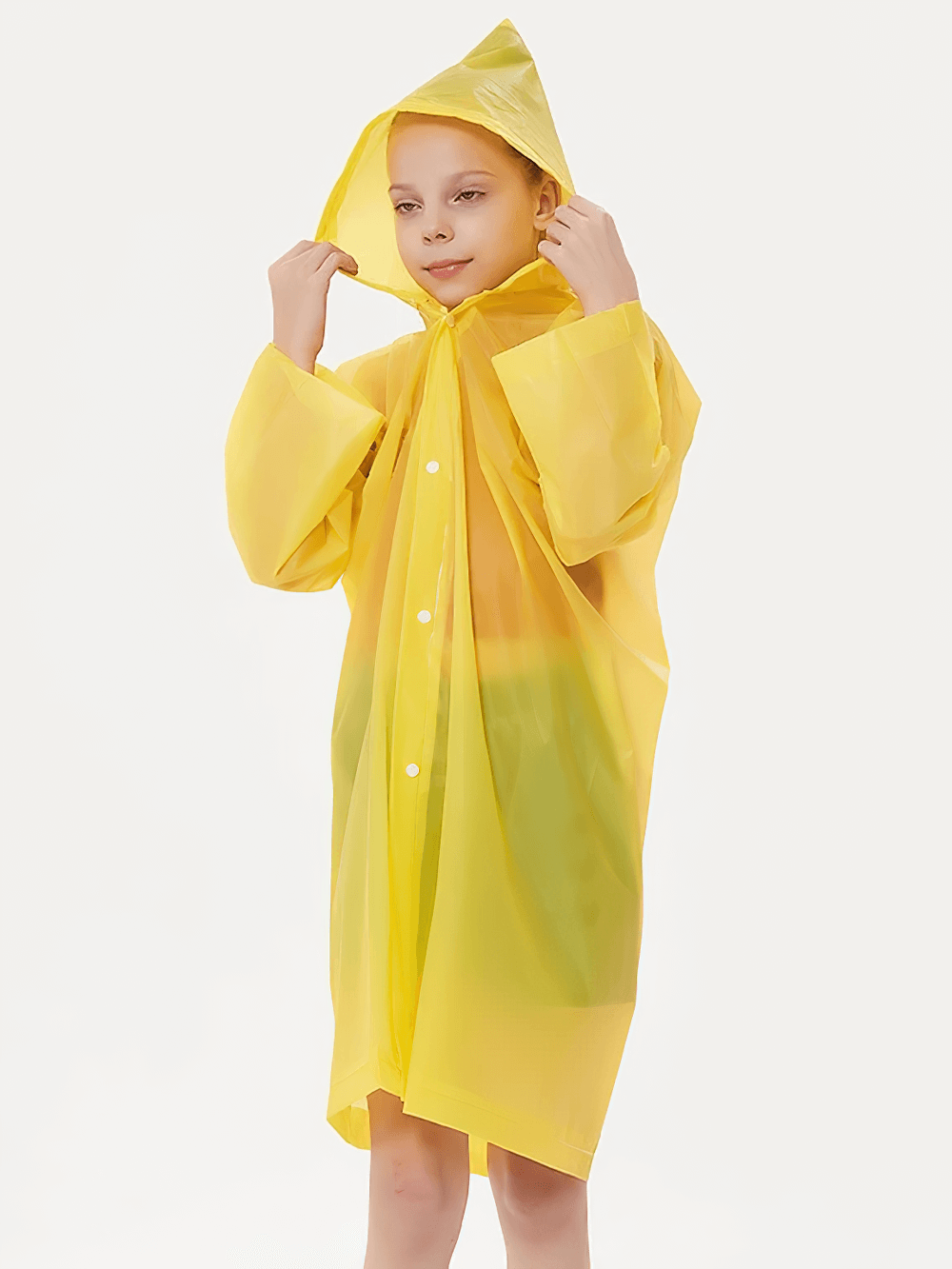 Child wearing a yellow Kids Waterproof Travel Rain Poncho With Hood - SF3646, perfect for hiking and school, showcasing waterproof protection.