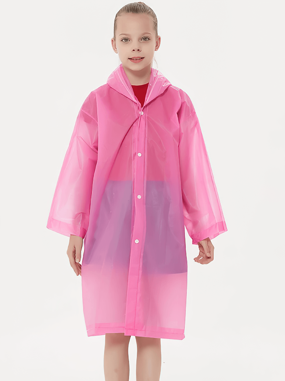 Kid in pink Kids Waterproof Travel Rain Poncho With Hood - SF3646, perfect for hiking and school, featuring a hood and snap-button closure.