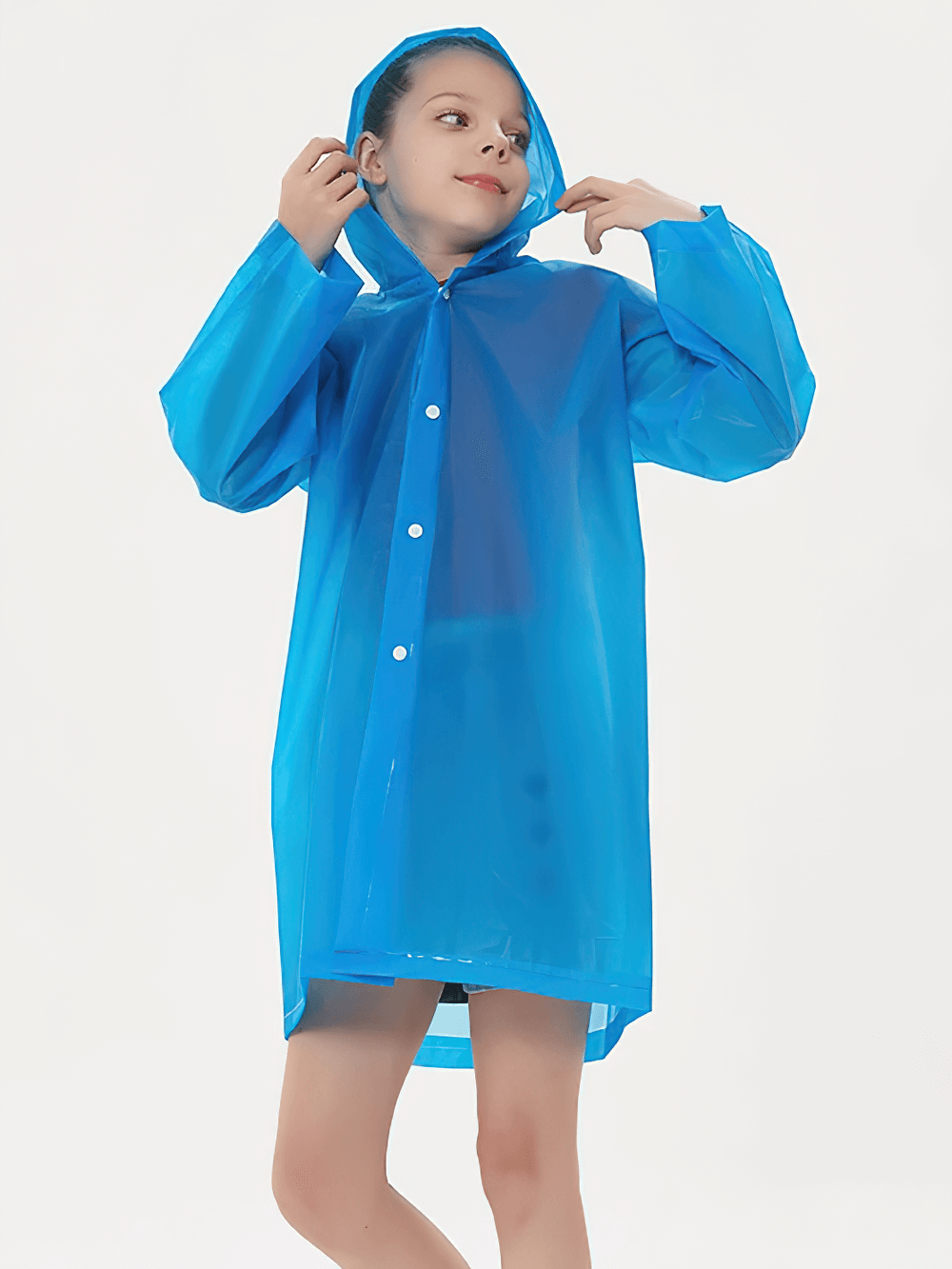 Child in blue Kids Waterproof Travel Rain Poncho With Hood - SF3646, ideal for hiking and school on rainy days, showcasing full length and fit.