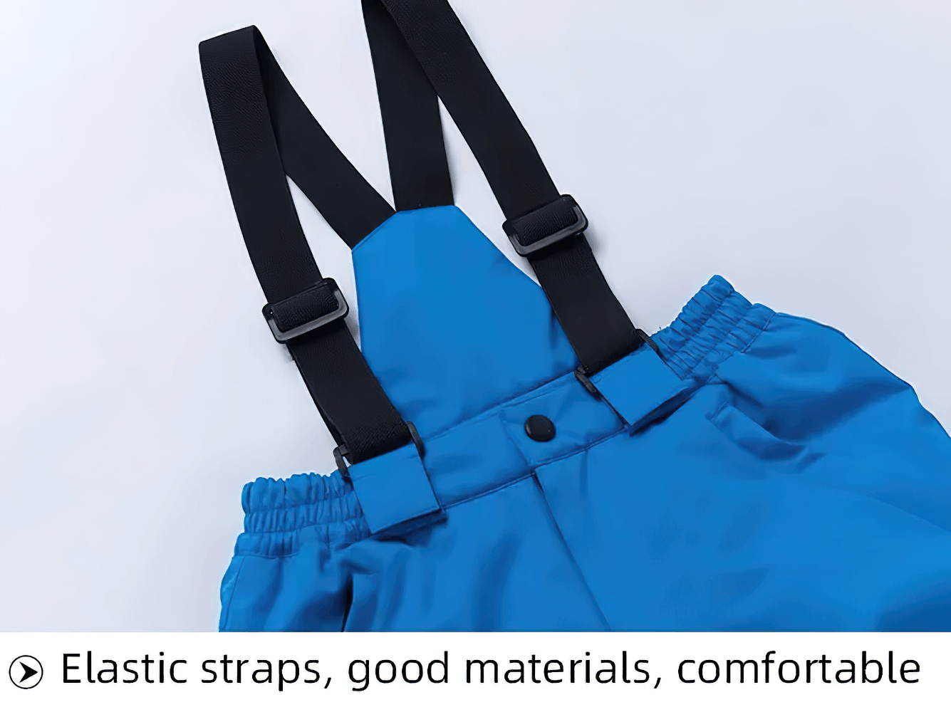 Close-up of blue Kids Windproof and Waterproof Ski Bib Pants - SF3730 with adjustable straps and durable material.