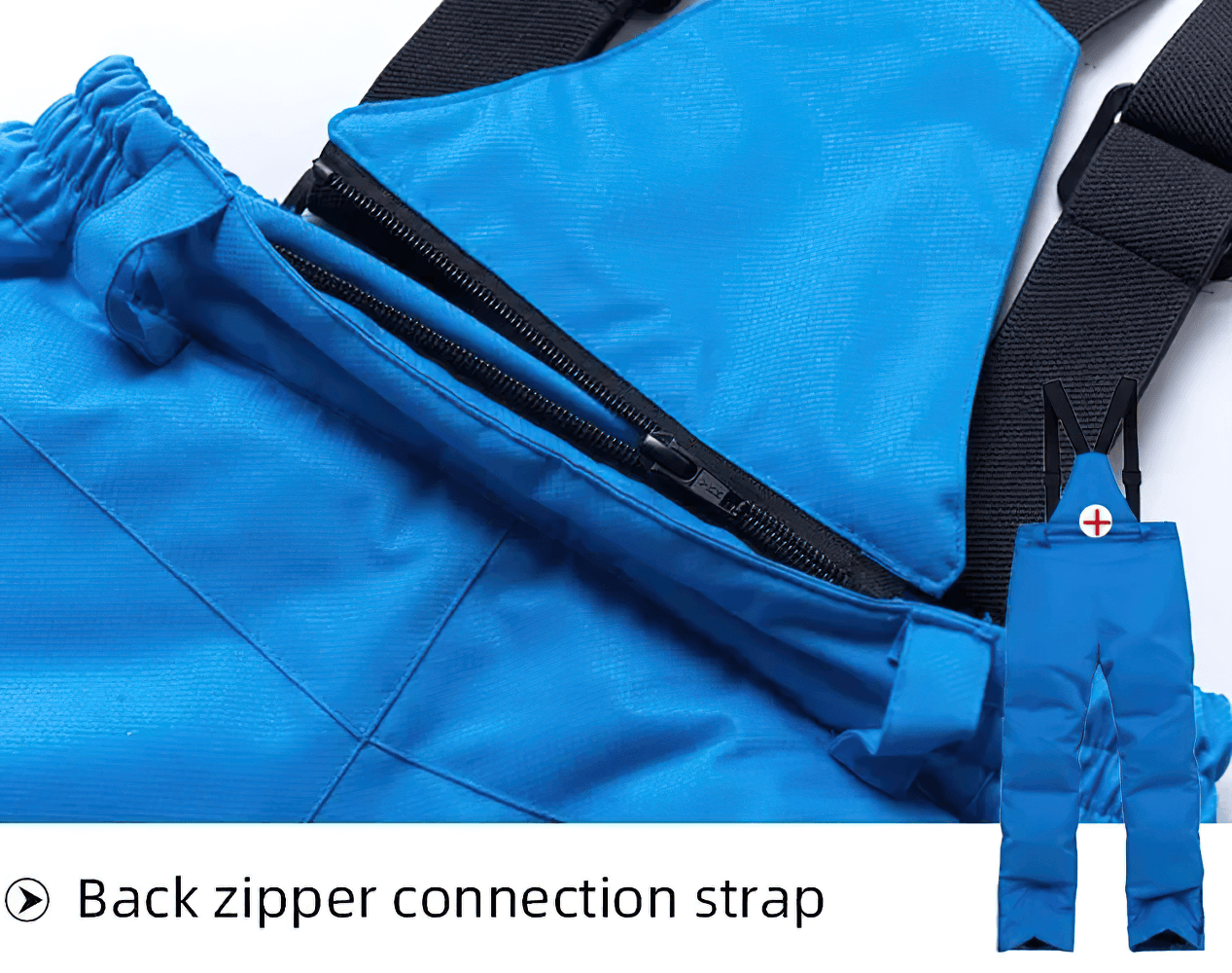 Close-up of blue Kids Windproof and Waterproof Ski Bib Pants - SF3730 showing back zipper connection strap.
