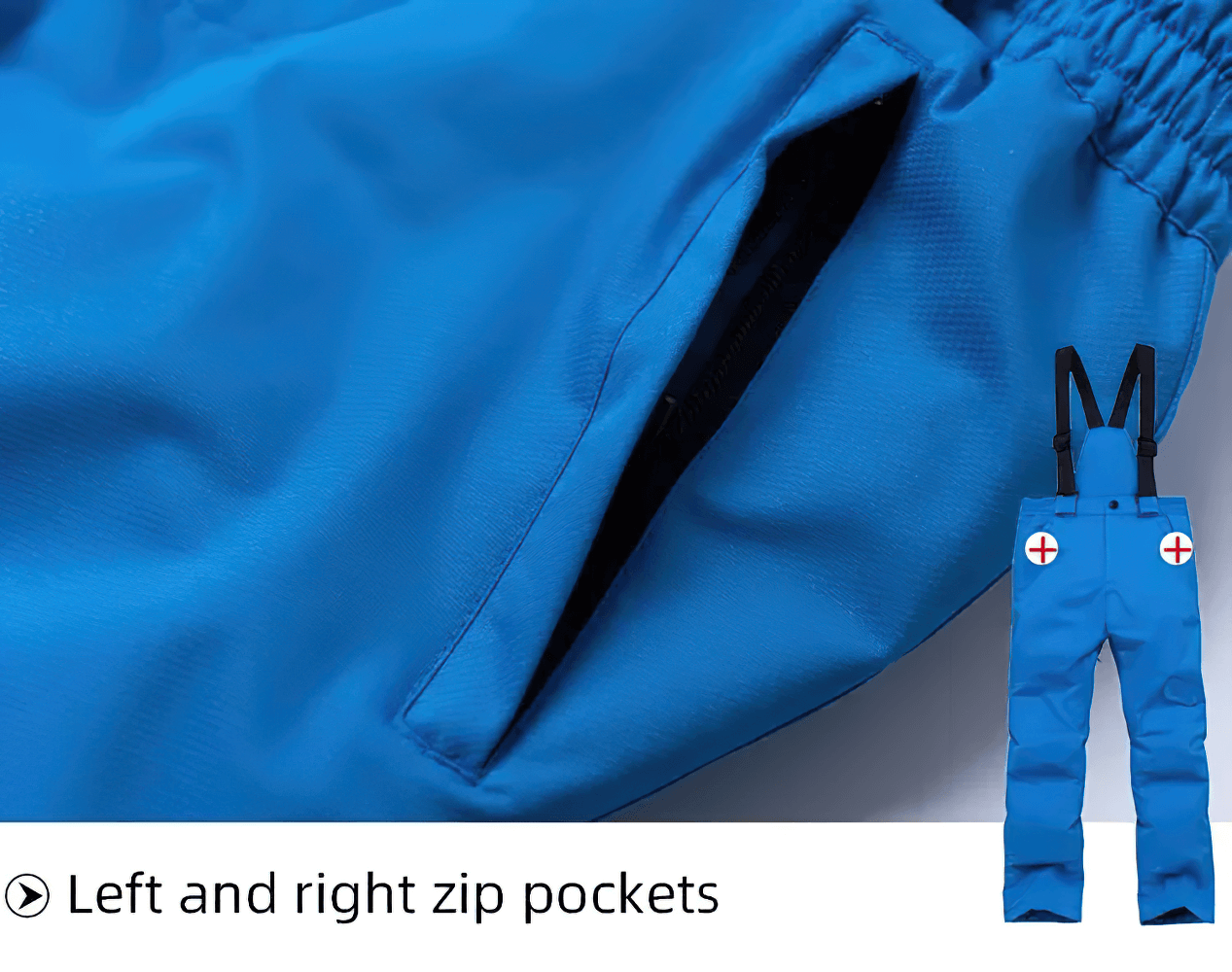 Close-up of blue Kids Windproof and Waterproof Ski Bib Pants - SF3730 showing zip pockets and adjustable straps.