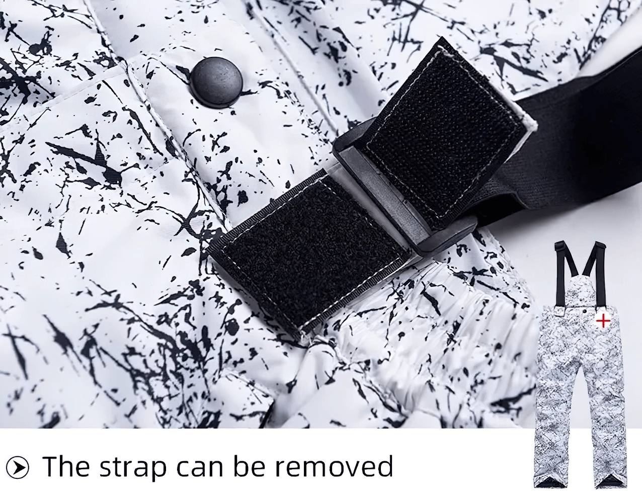 Close-up of Kids Windproof and Waterproof Ski Bib Pants - SF3730 showing adjustable, removable strap on patterned fabric.