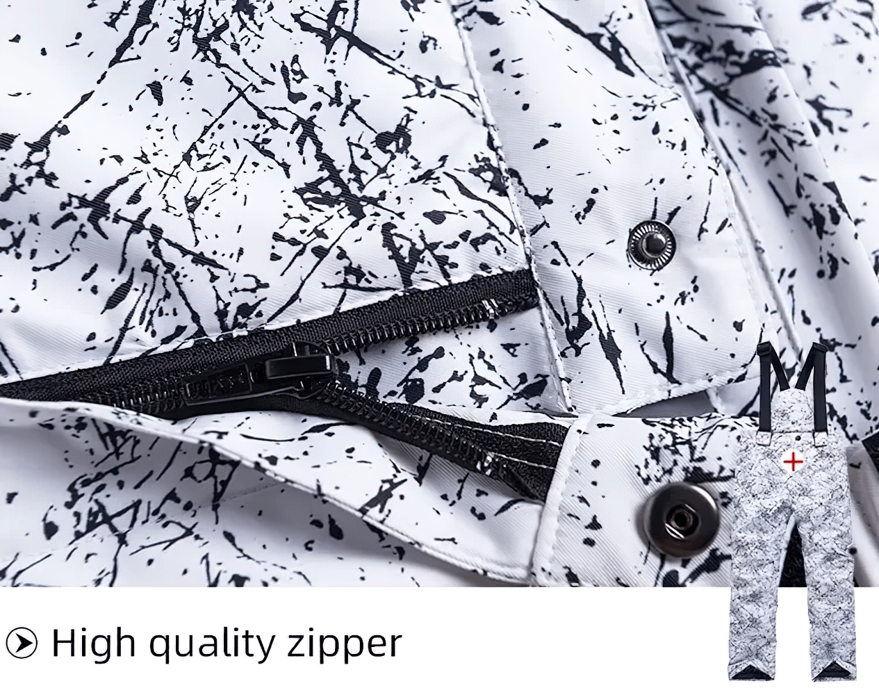Close-up of high-quality zipper on Kids Windproof and Waterproof Ski Bib Pants - SF3730 with black and white pattern.