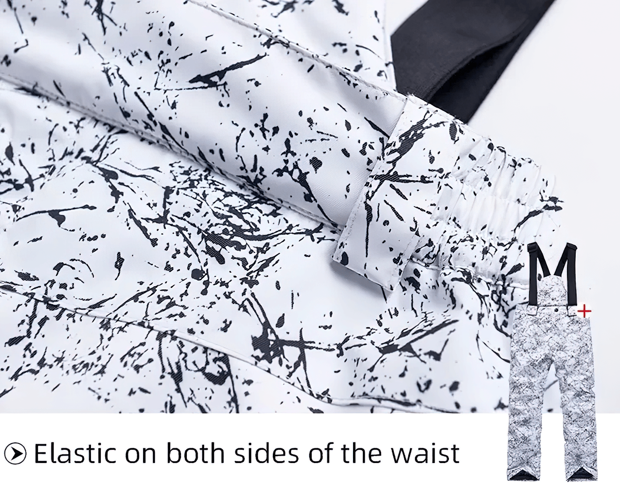 Kids Windproof and Waterproof Ski Bib Pants - SF3730 with elastic waist detail in snow camouflage design.